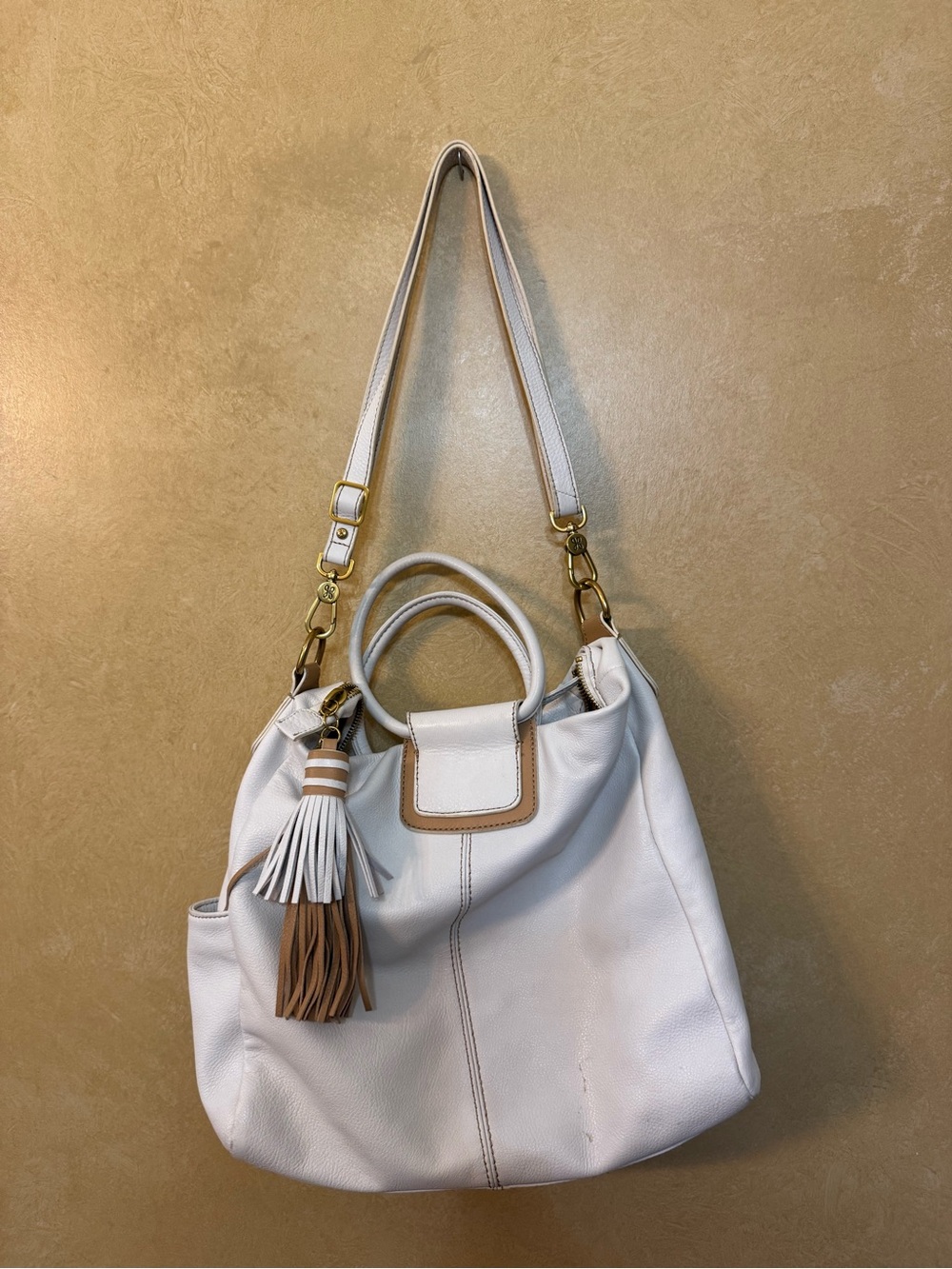 White Leather Tassel Hobo Bag with Tan Accents